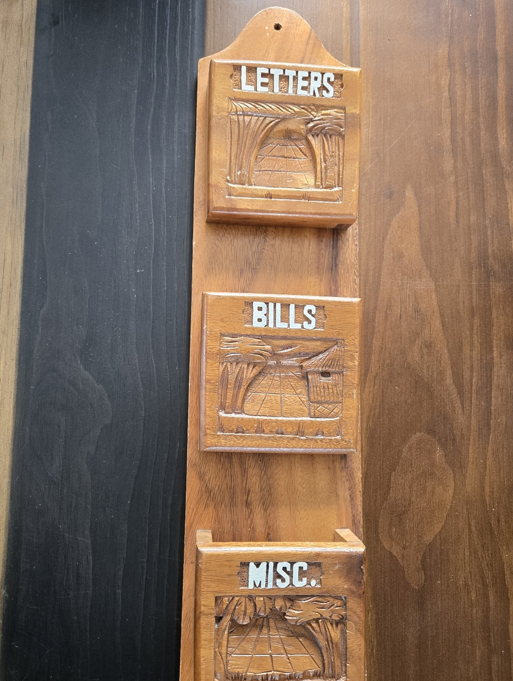 Large Vintage Wood Wall Organizer - Brown Letters, Bills, Misc. Slots